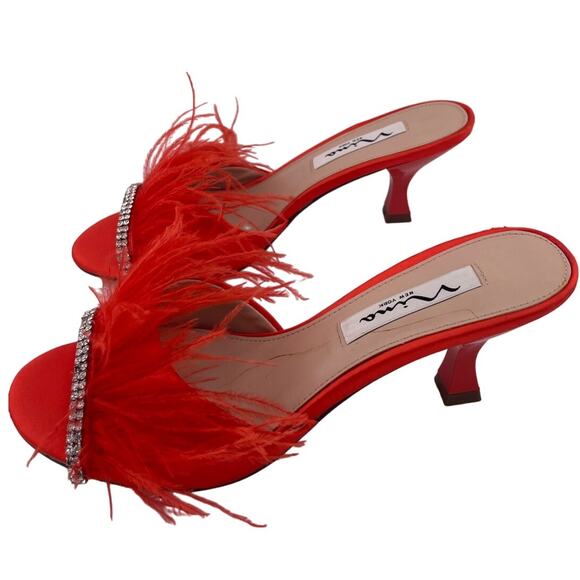 Nina Red Satin Feather Kitten Heel Mule Slide Sandals Size 6M NWOB - Picture 3 of 7
